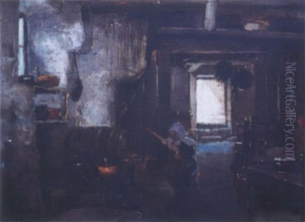 Interieur De Ferme, La Fileuse Oil Painting by Henry Jones Thaddeus