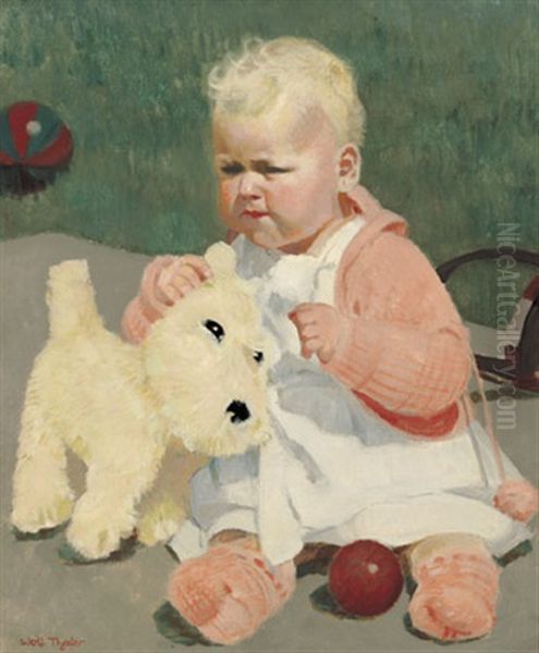 Spielendes Kleinkind Mit Kuscheltierhund Oil Painting by Wolf Thaler