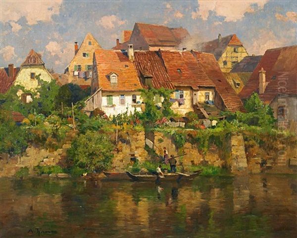 Dorf Am Fluss Oil Painting by Adolf Gustav Thamm