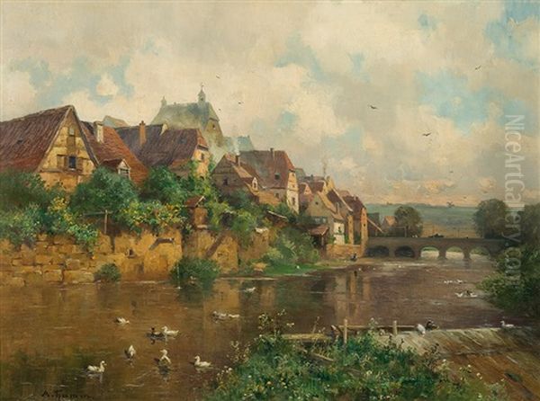 Town By The River Oil Painting by Adolf Gustav Thamm