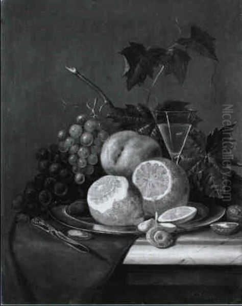 Stilleben Mit Fruchten, Einem Zinnteller Und Einem Gefullten Glas Oil Painting by Willem Thans