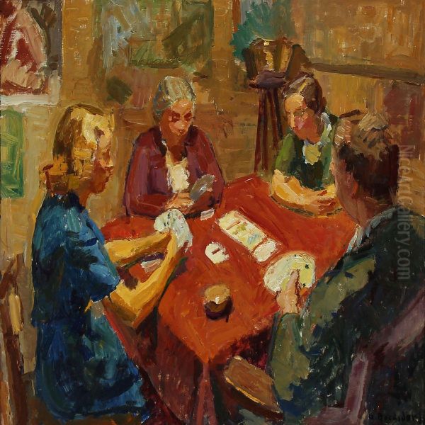 Card Players Oil Painting by Axel Bredsdorff