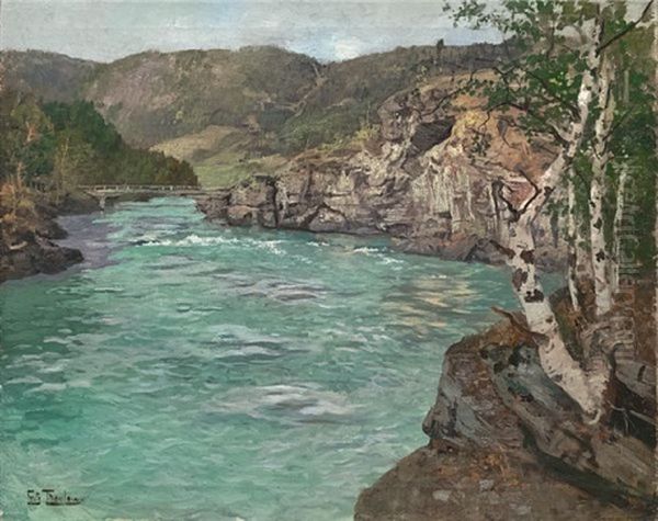 Bjerketraer Ved Otta Elven Oil Painting by Frits Thaulow