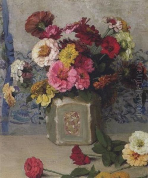 Zinnias Oil Painting by Emma Beach Thayer