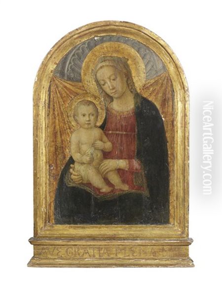 The Madonna And Child Before A Gold Cloth Of Honour With Integral Frame by  The Master of the Castello Nativity