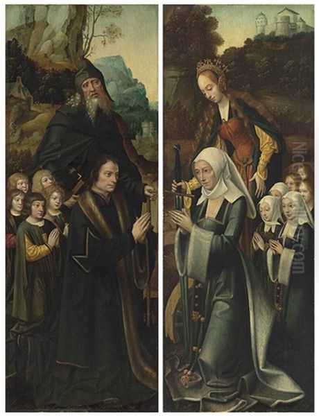 Two Wings Of An Altarpiece: Saint Anthony Abbot With A Kneeling Donor And His Five Sons; And Saint Catherine With A Kneeling Female Donor And Her Six Daughters Oil Painting by  The Master of the van Groote Adoration