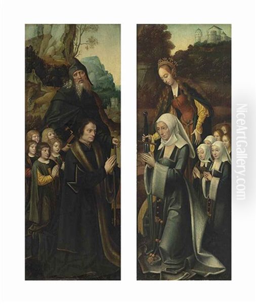 Saint Anthony Abbot With A Kneeling Donor And His Five Sons; Saint Catherine, With A Kneeling Female Donor And Her Six Daughters (pair) Oil Painting by  The Master of the van Groote Adoration