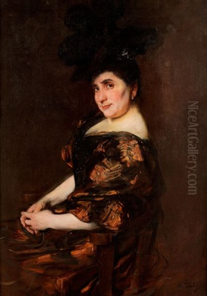 Portrait Einer Dame In Festlichem Kleid Mit Weitem, Schwarzem Hut Oil Painting by Max Thedy