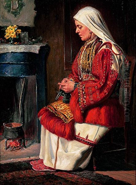 Frau In Malerischer Tracht Am Offenen Kamin Oil Painting by Max Thedy