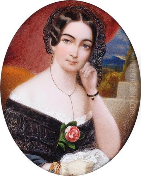 A Portrait Of A Lady With Dark Hair And A Black Lace Veil Oil Painting by Adolf Theer