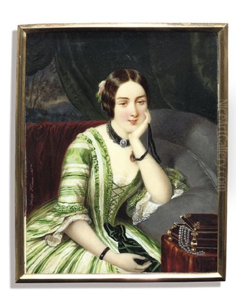 A Young Lady, In Green And White Striped Dress Oil Painting by Adolf Theer