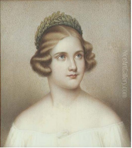 Jenny Lind, In White Dress, Crown Of Laurels In Her Curled Light Brown Hair Oil Painting by Adolf Theer