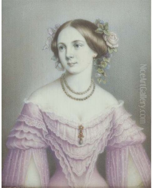 Luise Neumann, In Lace-bordered Pale Purple Dress With Ruffled Bodice And Spotted Split Sleeves, Drop Pearl Pendant Pinned At Corsage, Pearl Necklace, Drop Pearl Earring, Pink Roses In Her Hair Oil Painting by Adolf Theer