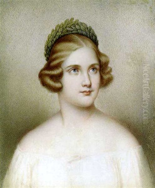 Jenny Lind, In White Dress, Crown Of Laurels In Her Curled Light Brown Hair Oil Painting by Adolf Theer