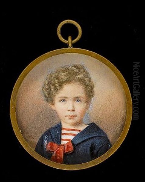 A Young Boy, Wearing Blue Jacket Tied With Wide Red Ribbon Bow Over Striped Red And White Shirt Oil Painting by Albert Theer