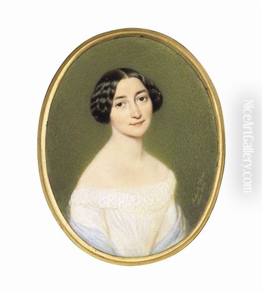 A Young Lady, In White Off-the-shoulders Dress, Blue Shawl, Dark Centre-parted Upswept Hair Oil Painting by Robert Theer