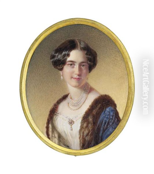 Archduchess Marie Karoline Of Austria (1825-1915), In White Dress And Fur-lined Blue Coat, Five Strands Of Pearls, Pearl Brooch And Pearl Drop-earrings, Upswept Centre-parted Hair Oil Painting by Robert Theer