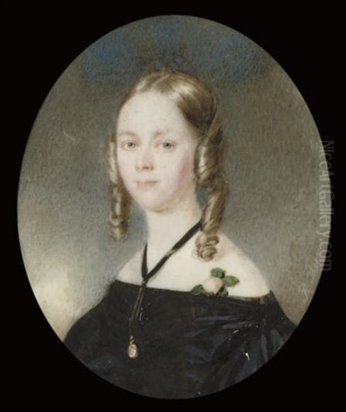 A Young Lady, In Off-the-shoulder Black Dress, A Pink Rose At Her Shoulder, Wearing A Cameo Oil Painting by Robert Theer