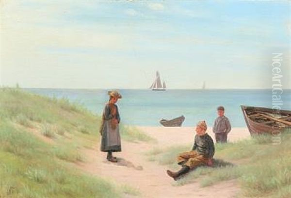 Children On The Beach At Skagen Oil Painting by Sofus (Carl Frederik S.) Theilgaard