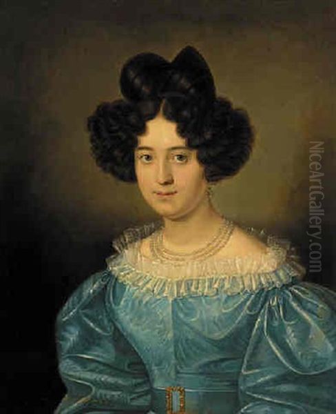 Portrait Of An Elegant Young Lady In A Blue Silk Dress With A Lace Collar Oil Painting by Karl Franz Joseph Thelott