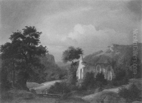 Mittelgebirgslandschaft Mit Kirchenruine Oil Painting by Wilhelm Themer