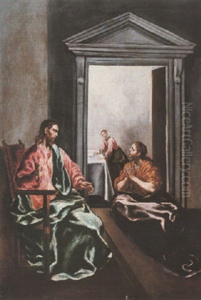 Christ In The House Of Mary And Martha Oil Painting by Jorge Manuel Theotocopuli