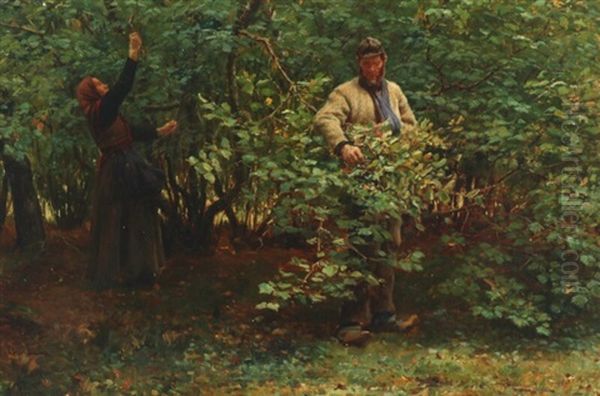 A Couple In The Woods Gathering Hazelnuts Oil Painting by Hans Michael Therkildsen