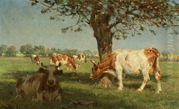 Landscape With Cows Grazing By A Tree Oil Painting by Hans Michael Therkildsen