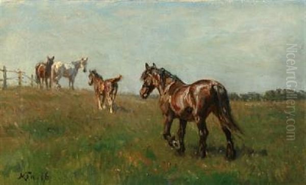 Landscape With Horses In A Paddock Oil Painting by Hans Michael Therkildsen