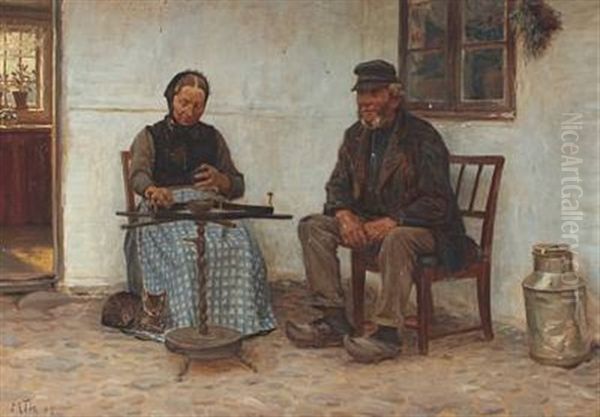 A Peasant Family In Front Of Their House by Hans Michael Therkildsen