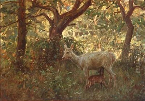 Spring Forest With A Mother Deer And Baby Deer by Hans Michael Therkildsen