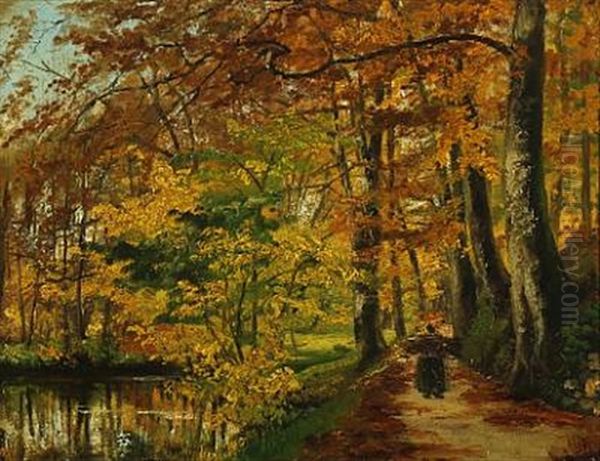 Autumn Forest With Woman On A Path Collecting Firewood Oil Painting by Hans Michael Therkildsen