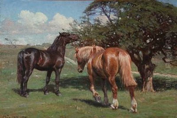 Summer Landscape With Two Horses Oil Painting by Hans Michael Therkildsen