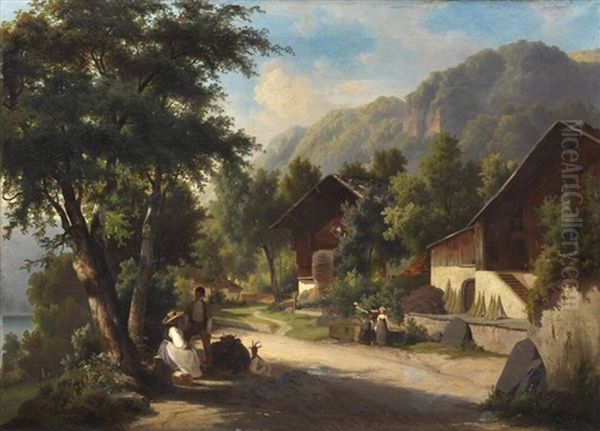 Partie Aus Den Schweizer Alpen (brienzer See?) - Sommertag Im Dorf by Fuerchtegott Thessel