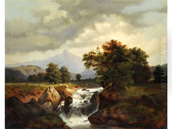 Alpenlandschaft Mit Wasserfall Oil Painting by Fuerchtegott Thessel