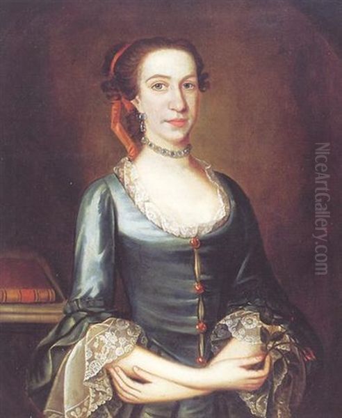 Colonial Woman Holding A Rose (portrait Of Miss Jacobs, Charleston, South Carolina) Oil Painting by Jeremiah Theus