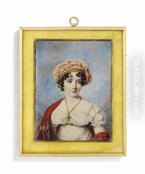 A Young Lady, In White Dress, Wearing Pink Turban And Red Cashmere Shawl, Gold Crucifix Around Her Neck Oil Painting by Lorenzo Theweneti