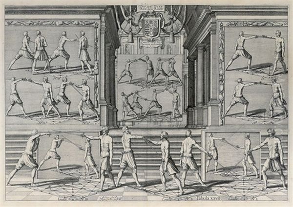 Eleven Plates Depicting The Art Of Fencing (from Academie De L'espee De Girard Thibault) Oil Painting by Girard Thibault