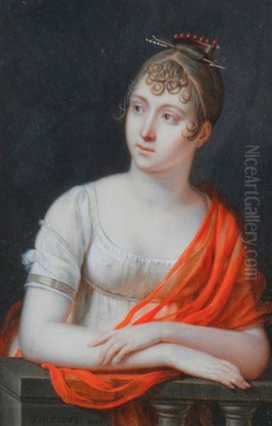 Portrait Of A Young Lady In French Empire Dress, Leaning On A Balcony Oil Painting by Jean Pierre Thiboust