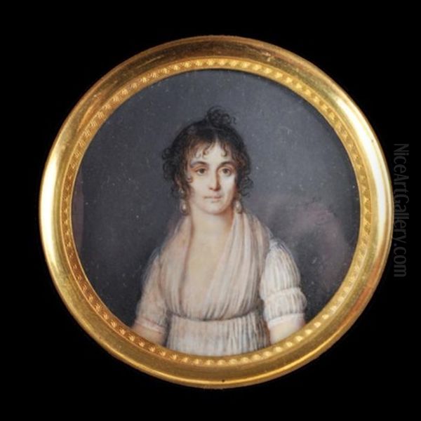 Portrait De Femme A Mi-corps, De Face, En Robe Blanche. Elle Porte D'importants Pendants D'oreille En Perles Oil Painting by Jean Pierre Thiboust