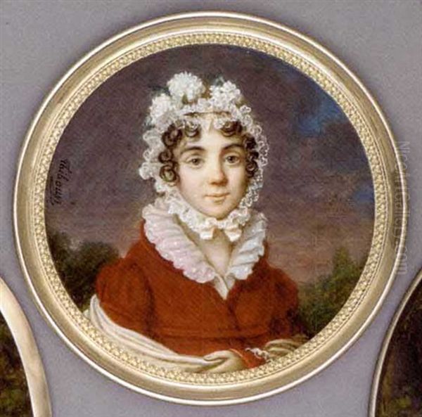 A Young Lady, In White Dress Dress With High Spotted Frilled Collar, Orange-red Coat, White Stole Draped Around Her Shoulders, White Flowers And Foliage In Her Lace Bonnet Tied Under Her Chin ... Oil Painting by Jean Pierre Thiboust