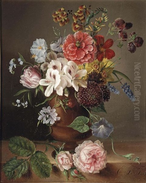 Roses, Peruvian Lilies, Daffodils, Grape Hyacinths, Lady's Purses, Forget-me-nots And Other Flowers In A Stoneware Vase With Pink Roses On A Ledge Oil Painting by Elizabeth Theodora van Thiel