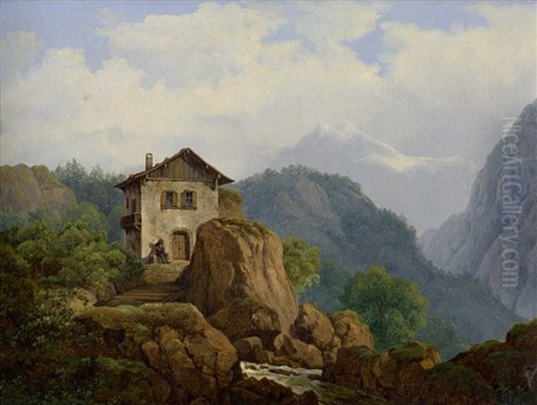 Alpenlandische Landschaft Mit Kleiner Berghutte Oil Painting by Franz Thiel