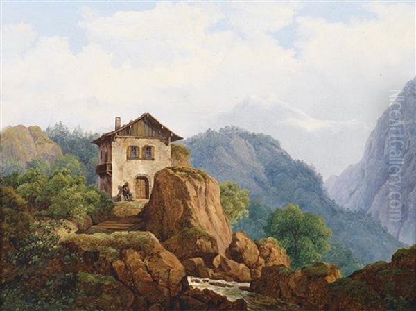 Gebirgslandschaft Mit Haus Am Wildbach Oil Painting by Franz Thiel