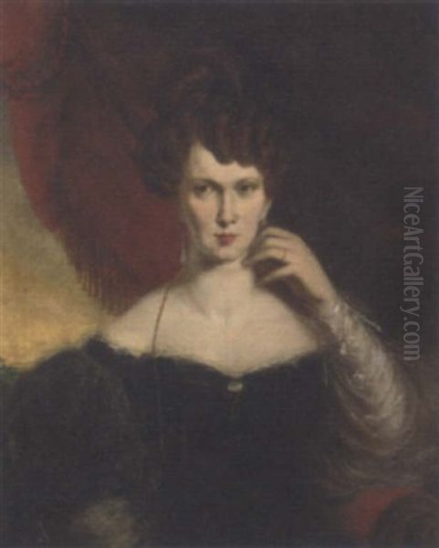 Portrait Of A Lady, Seated, In A Black Dress With Lace Trim, A Red Curtain And Landscape Beyond Oil Painting by Henry Daniel Thielcke