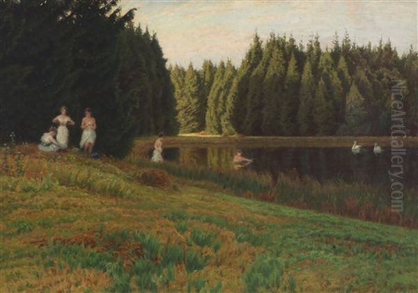 Bathing Women At A Lake Oil Painting by Anton Thiele