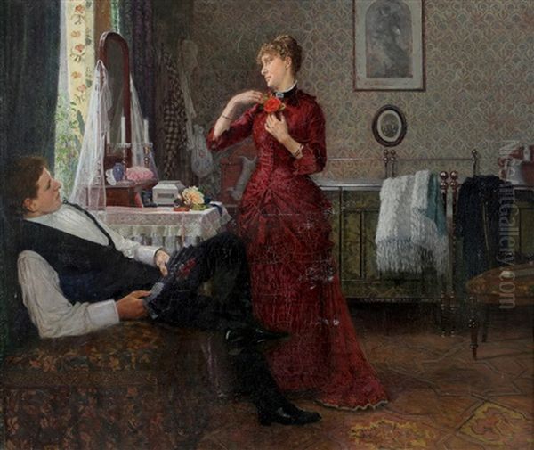 Tying A Rose, 1886 Oil Painting by Anton Thiele