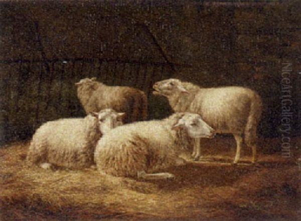 Sheep In A Stable Oil Painting by Anton Thiele