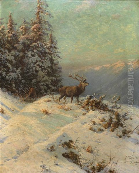 Ruckseitig Betitelt Winterabend Im Hochgebirg Oil Painting by Arthur (Julius) Thiele