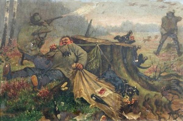 Satirical Prussian Hunting Scenes, With Dachshunds, Wine Bottles And Chaos; Sportsmen Resting Under A Tree (pair) Oil Painting by Arthur (Julius) Thiele